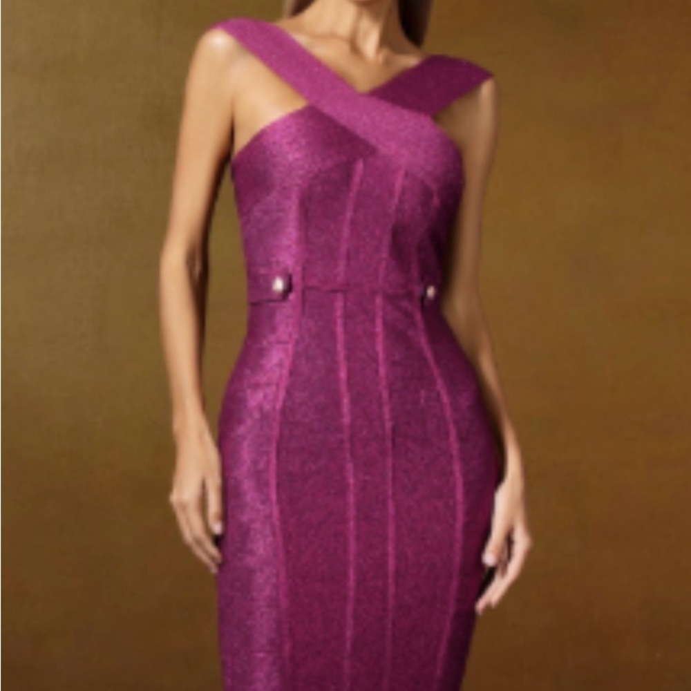 Bella Barnett Fitted Cross-Strap Magenta Bodycon Dress